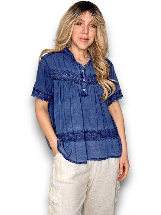 Navy Eyelet Babydoll Top
