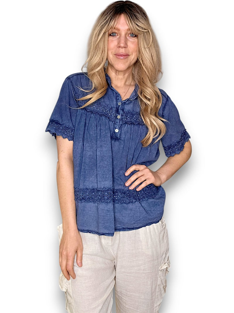 Navy Eyelet Babydoll Top