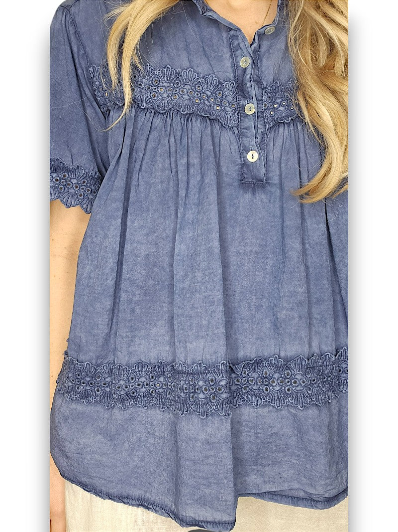 Navy Eyelet Babydoll Top