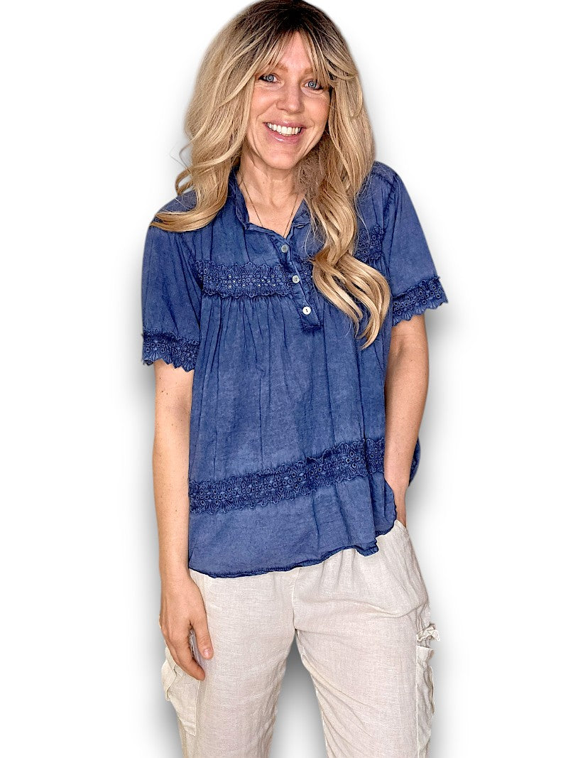 Navy Eyelet Babydoll Top