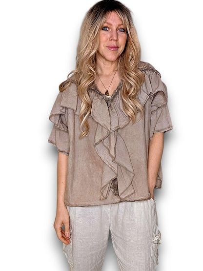 Faded Mocha Frill Short Sl Top