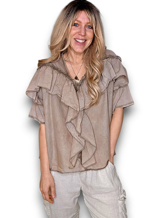 Faded Mocha Frill Short Sl Top
