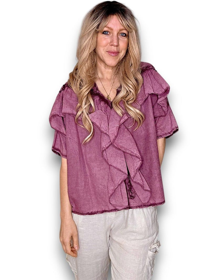 Faded Plum Frill Short Sl Top
