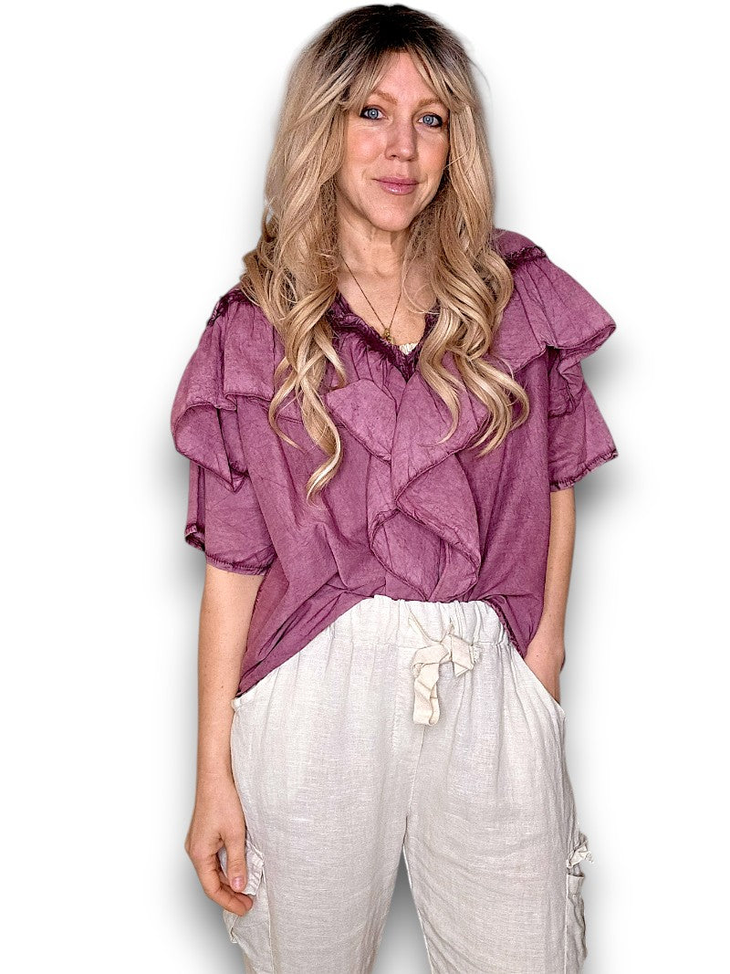 Faded Plum Frill Short Sl Top