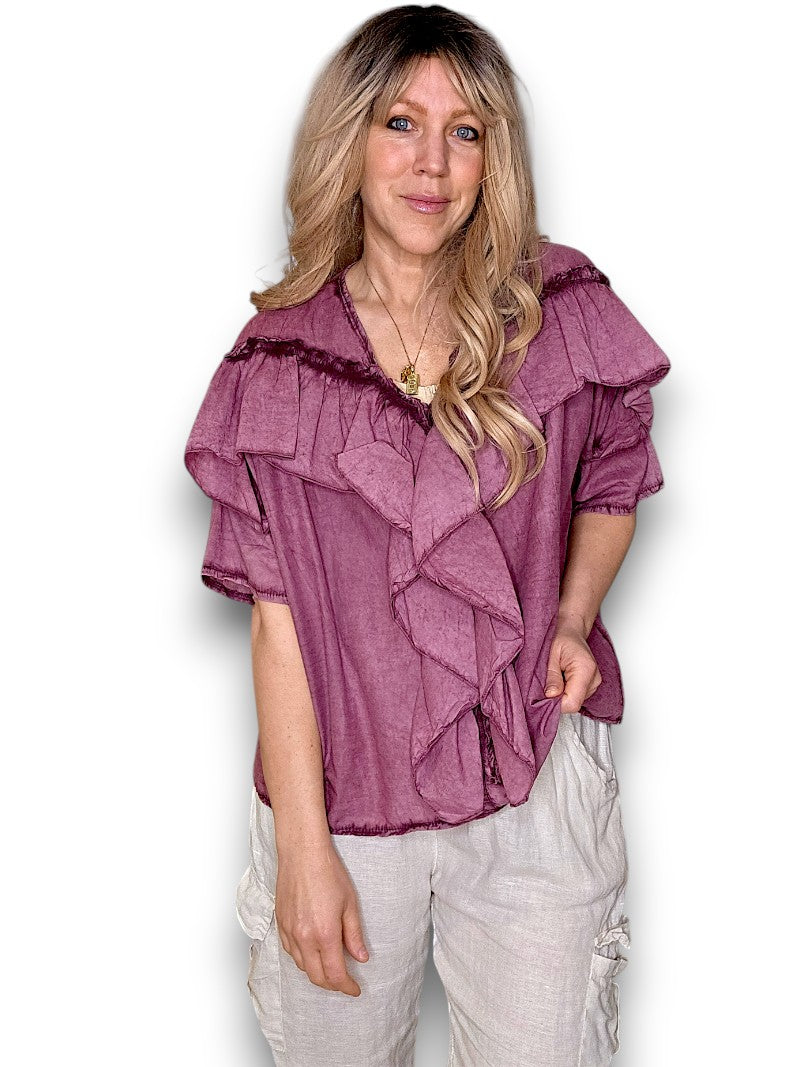 Faded Plum Frill Short Sl Top