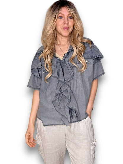 Faded Grey Frill Short Sl Top