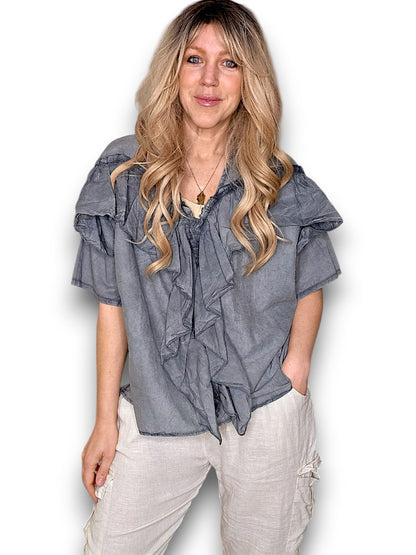 Faded Grey Frill Short Sl Top