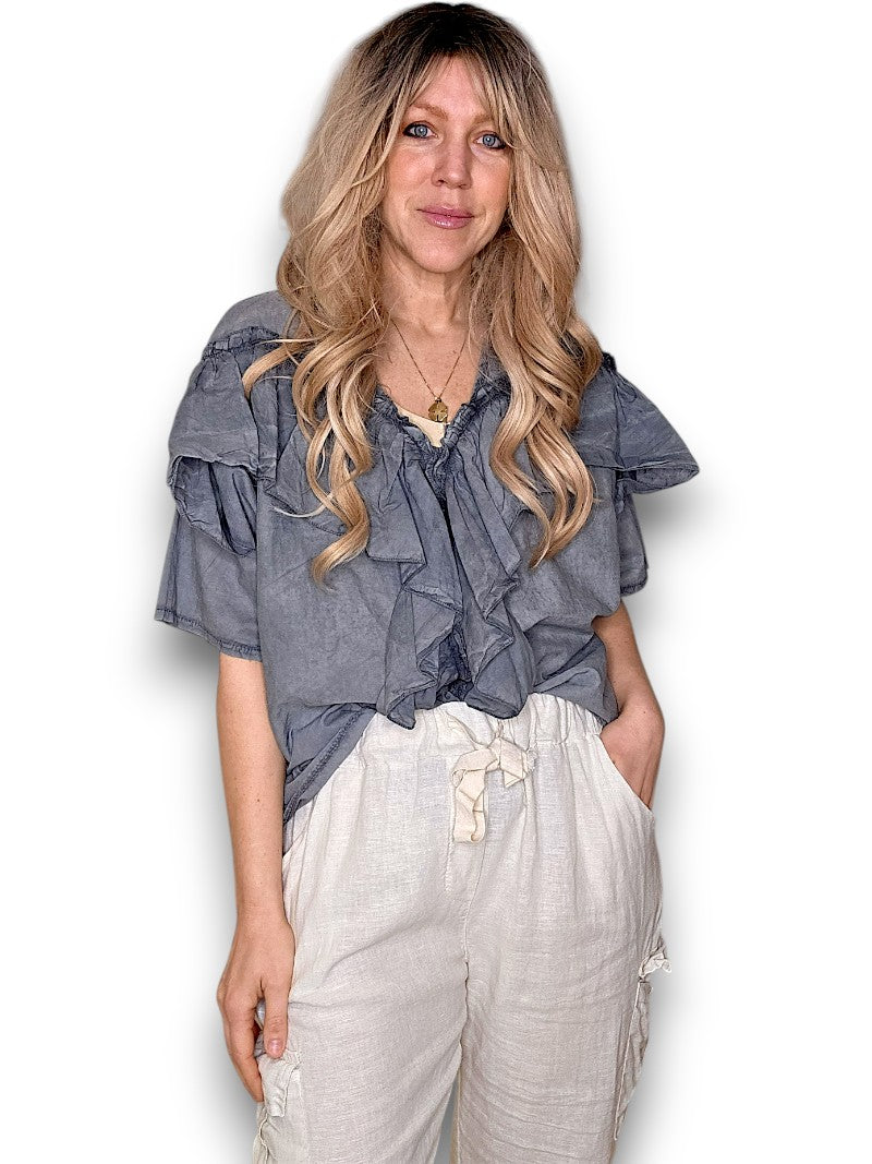 Faded Grey Frill Short Sl Top