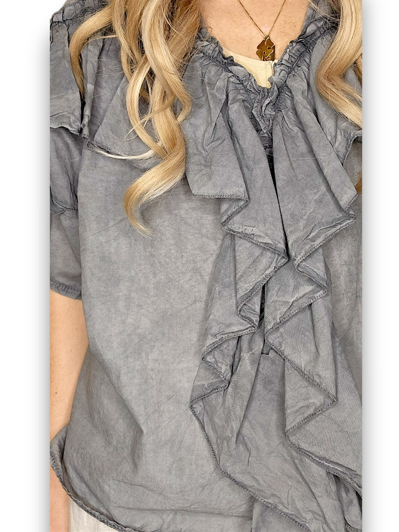 Faded Grey Frill Short Sl Top