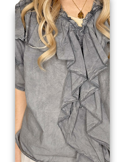 Faded Grey Frill Short Sl Top