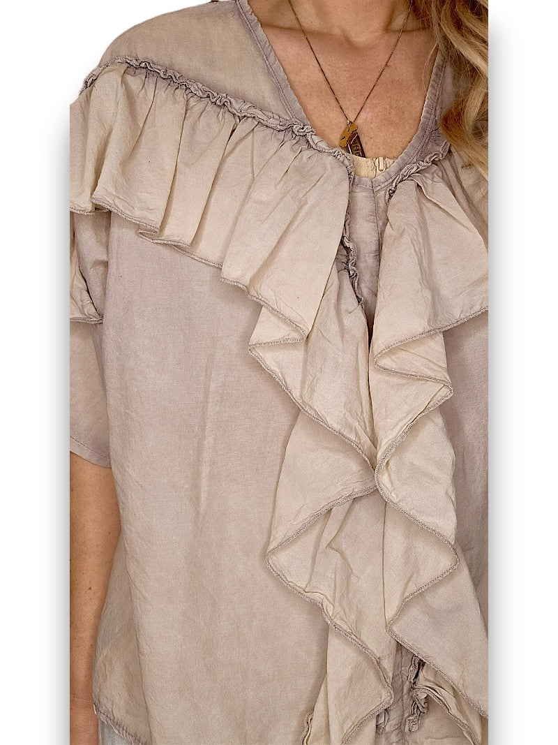 Faded Beige Frill Short Sl Top