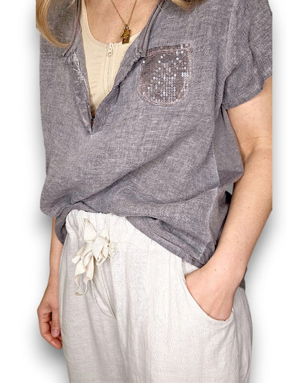 Pale Grey Rodeo Sequin Pkt Tee