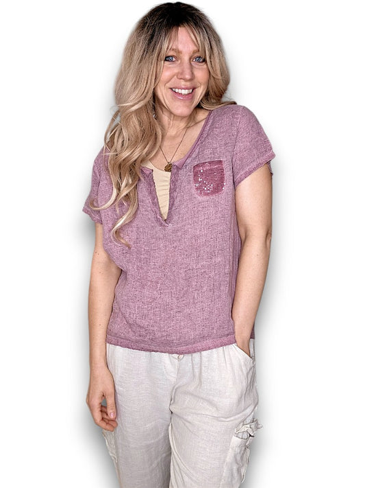 Faded Plum Rodeo Sequin Pkt Tee