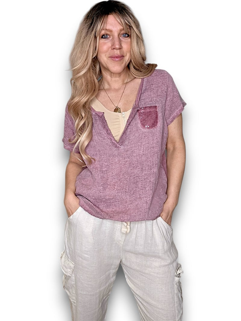 Faded Plum Rodeo Sequin Pkt Tee
