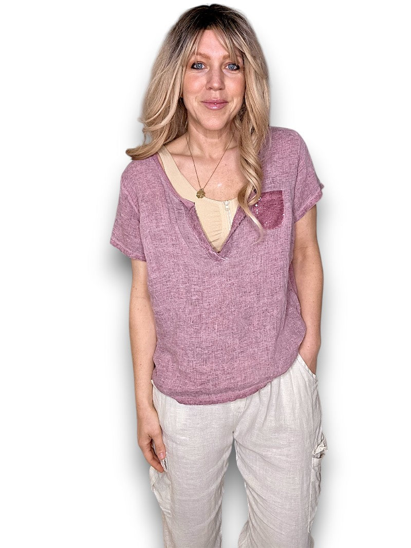 Faded Plum Rodeo Sequin Pkt Tee