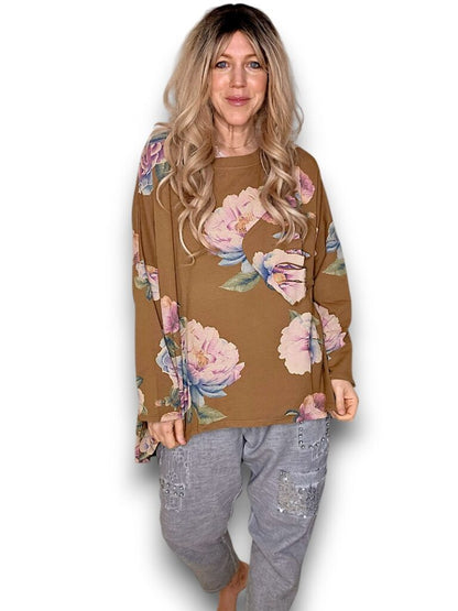 Coffee Ombre Peony Ripped Cotton Sweater