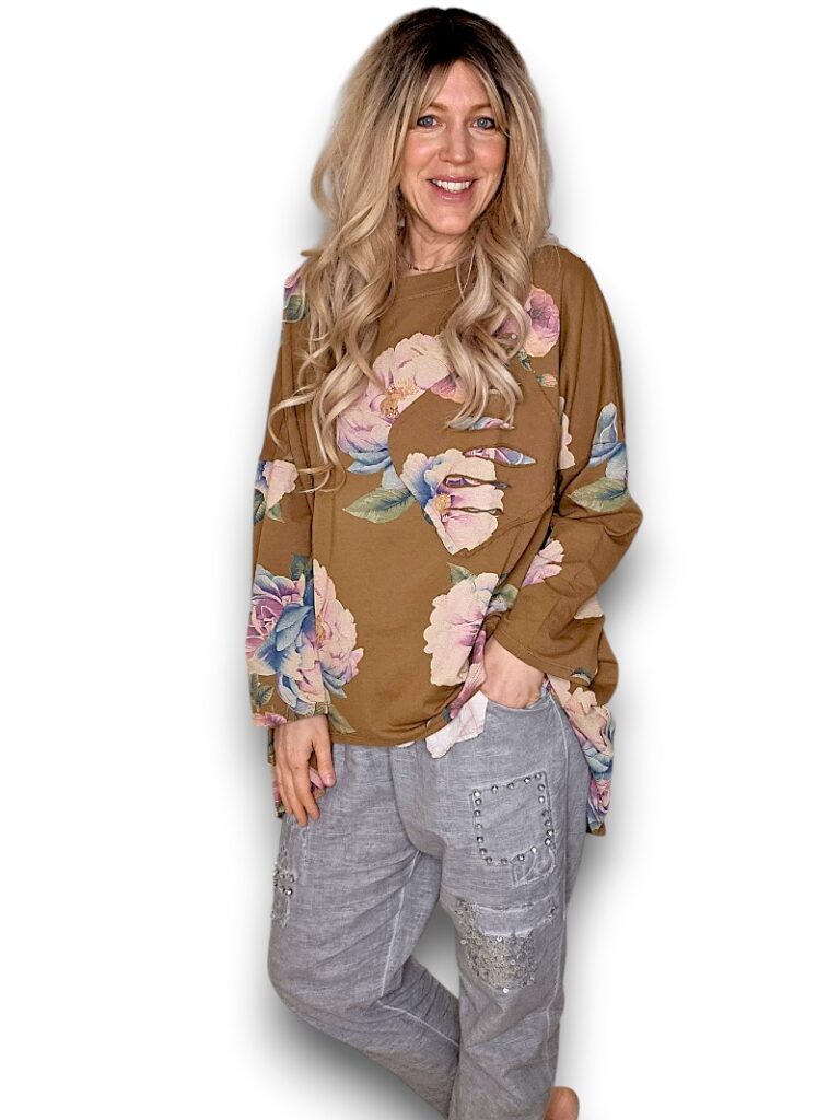 Coffee Ombre Peony Ripped Cotton Sweater