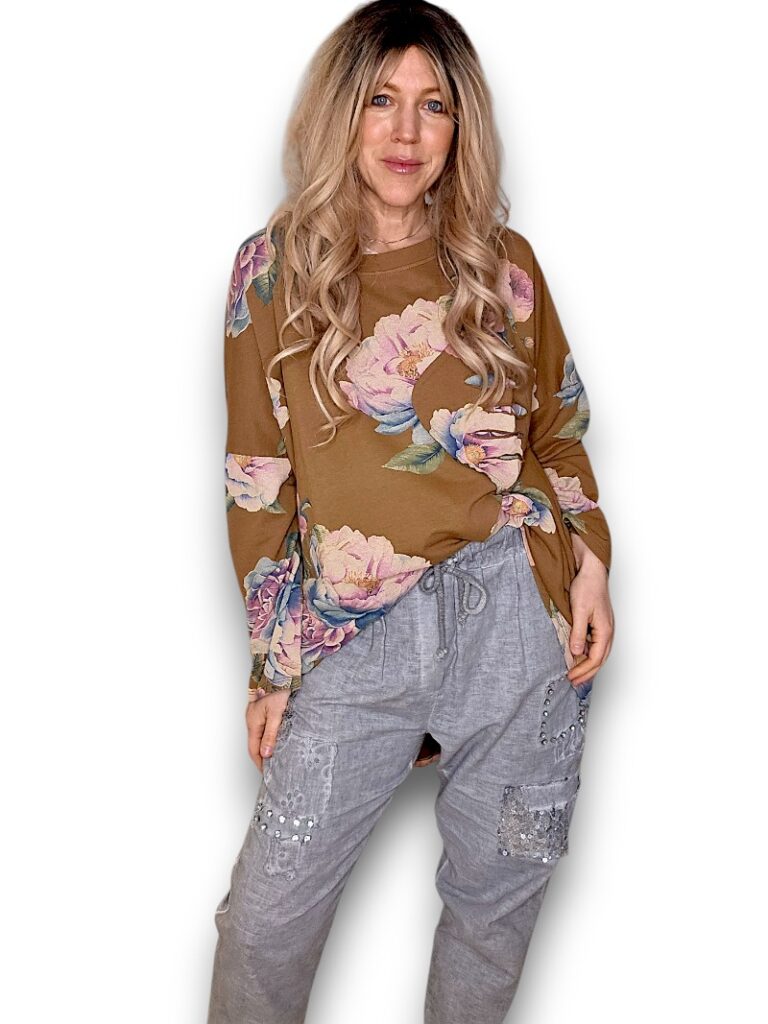 Coffee Ombre Peony Ripped Cotton Sweater