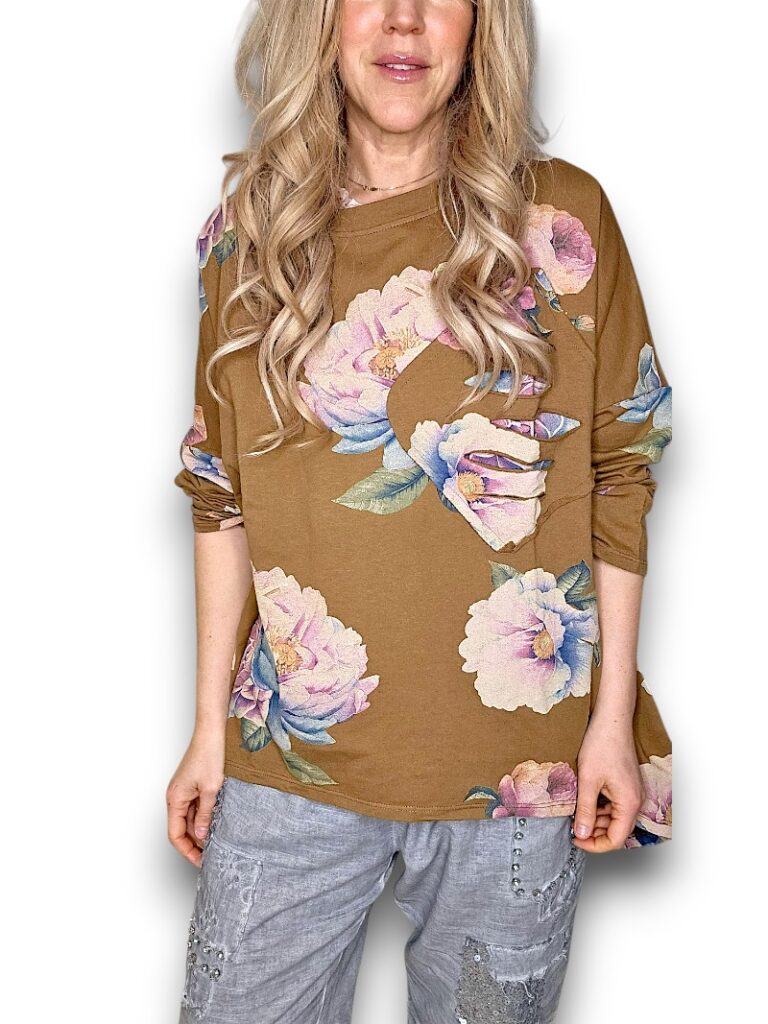 Coffee Ombre Peony Ripped Cotton Sweater
