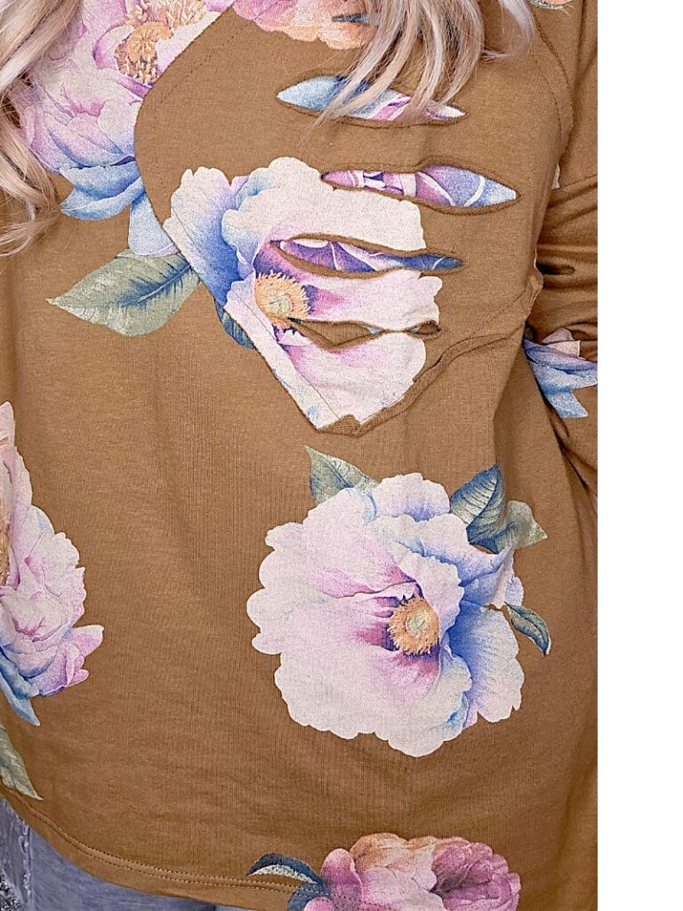 Coffee Ombre Peony Ripped Cotton Sweater