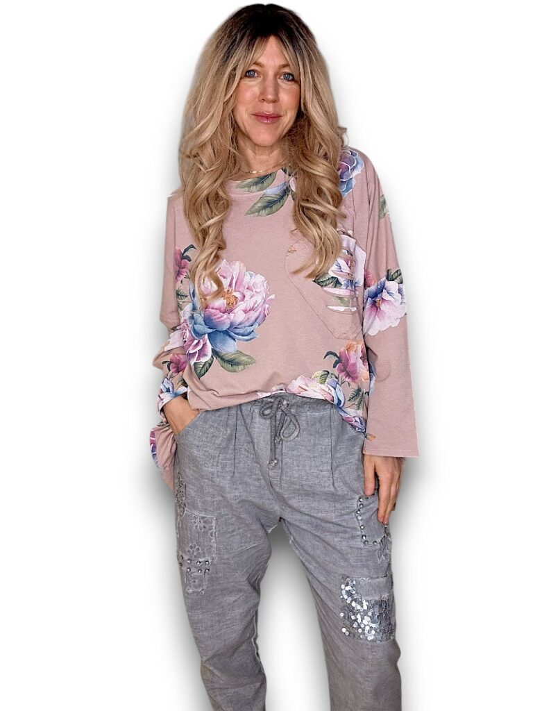 Baby Pink Ombre Peony Ripped Cotton Sweater