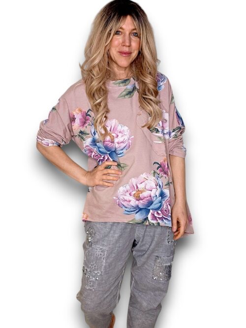 Baby Pink Ombre Peony Ripped Cotton Sweater