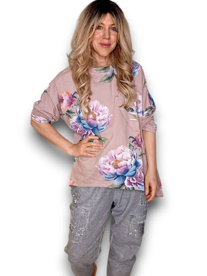 Baby Pink Ombre Peony Ripped Cotton Sweater