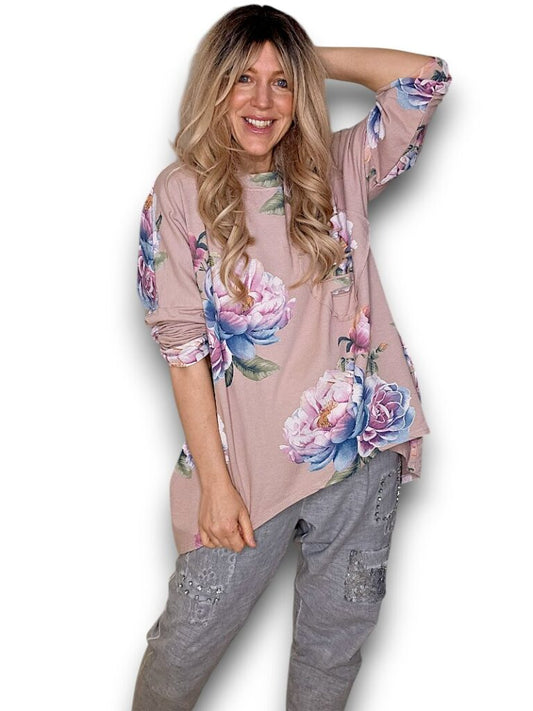 Baby Pink Ombre Peony Ripped Cotton Sweater