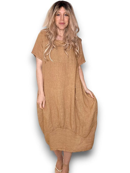 Caramel Plain Mid Sleeve Maxi Dress