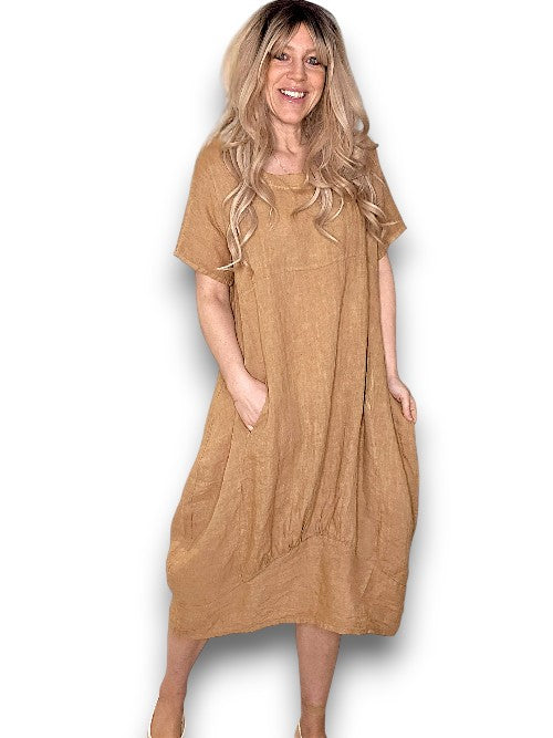 Caramel Plain Mid Sleeve Maxi Dress
