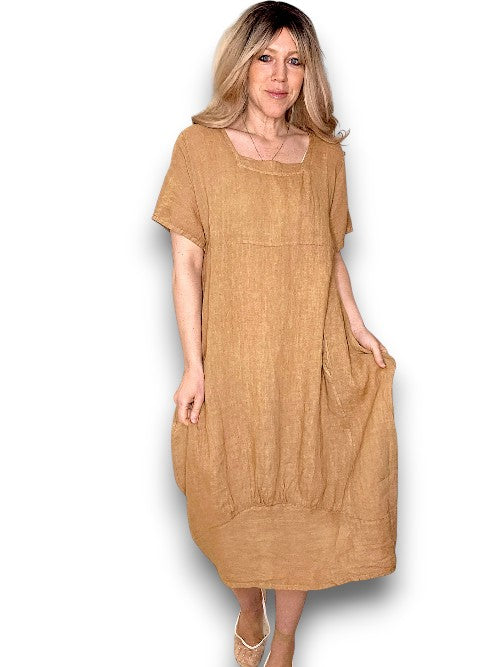Caramel Plain Mid Sleeve Maxi Dress