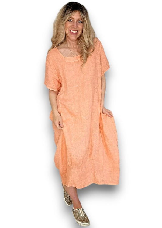 Peach Plain Mid Sleeve Maxi Dress