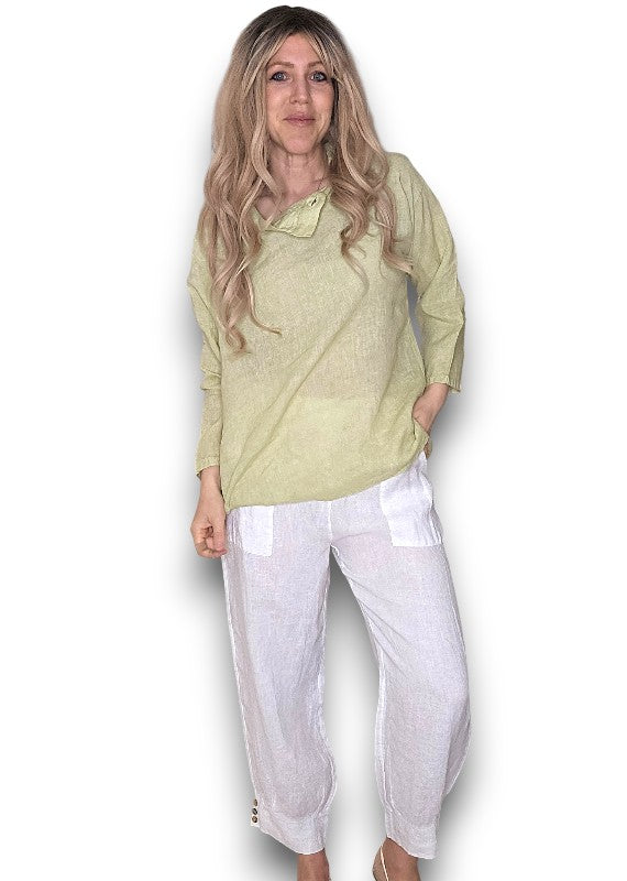 Antique Lime Pearl Button Moku Long Sleeve Top