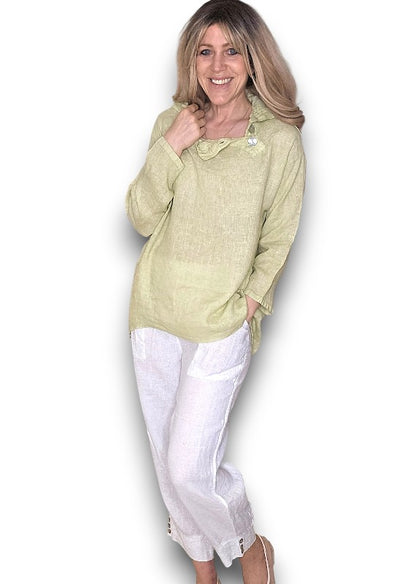 Antique Lime Pearl Button Moku Long Sleeve Top