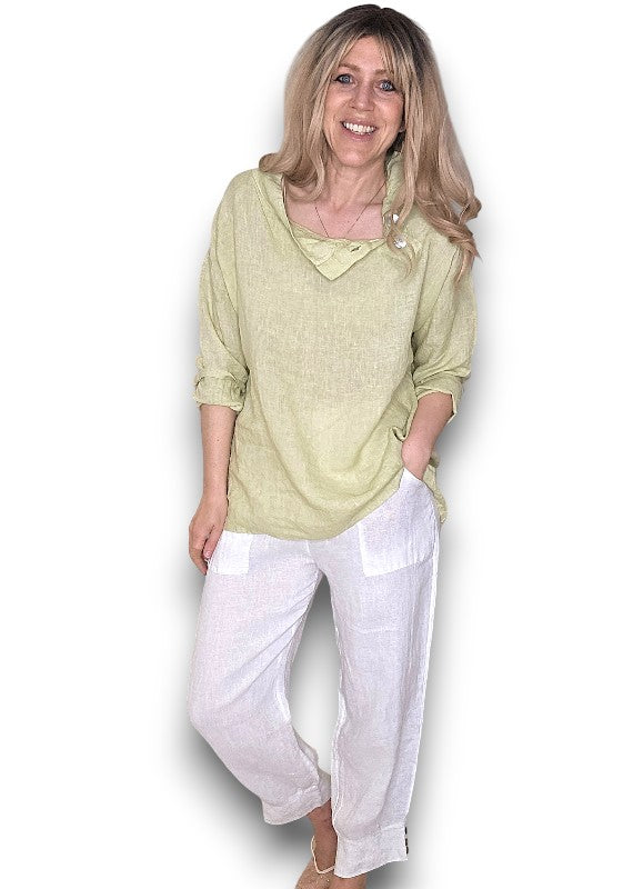 Antique Lime Pearl Button Moku Long Sleeve Top