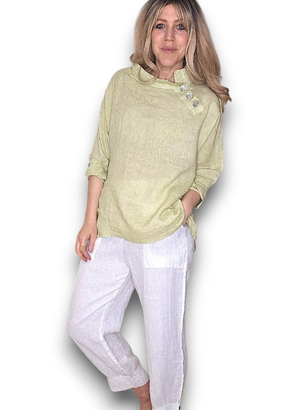 Antique Lime Pearl Button Moku Long Sleeve Top