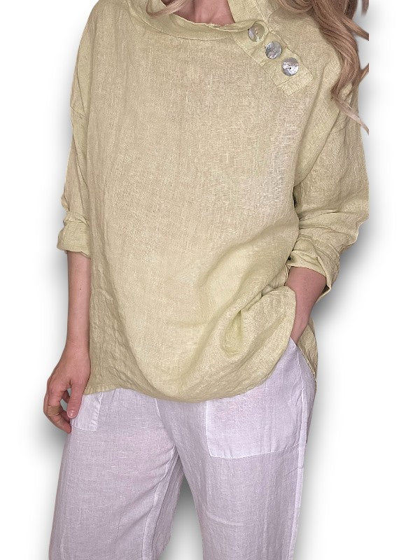 Antique Lime Pearl Button Moku Long Sleeve Top