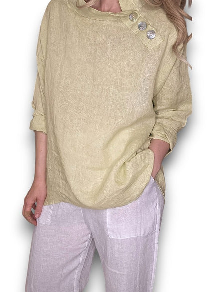 Antique Lime Pearl Button Moku Long Sleeve Top