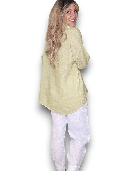 Antique Lime Pearl Button Moku Long Sleeve Top