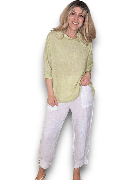 Antique Lime Pearl Button Moku Long Sleeve Top