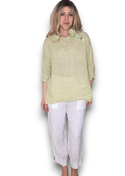 Antique Lime Pearl Button Moku Long Sleeve Top