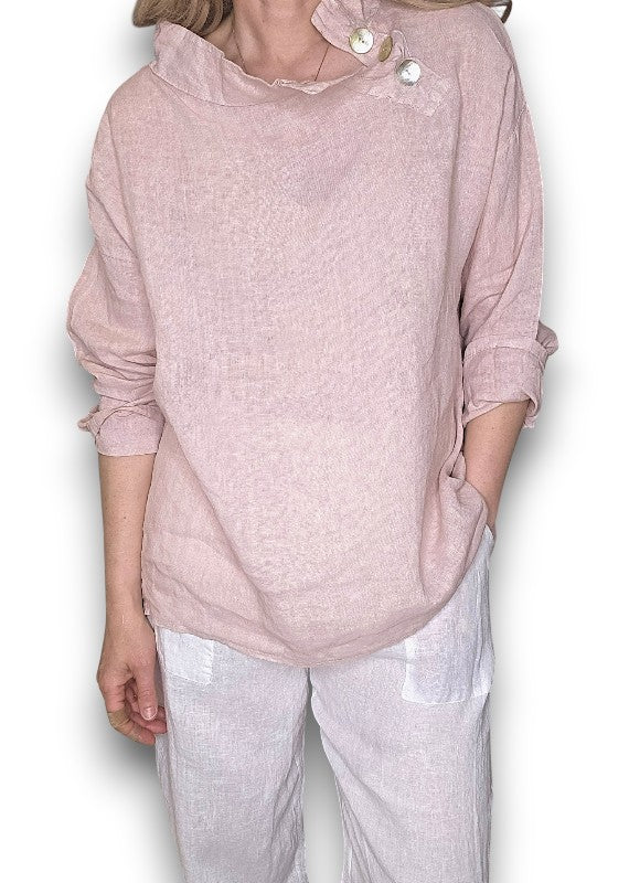 Baby Pink Pearl Button Moku Long Sleeve Top