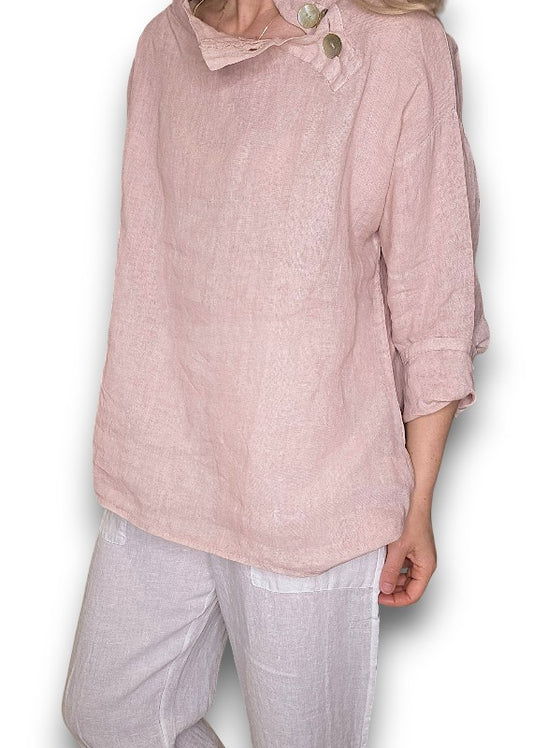 Baby Pink Pearl Button Moku Long Sleeve Top