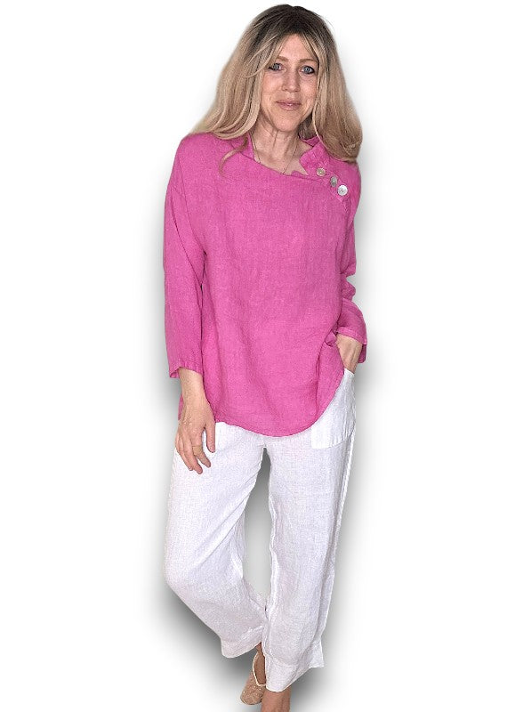Hot Pink Pearl Button Moku Long Sleeve Top