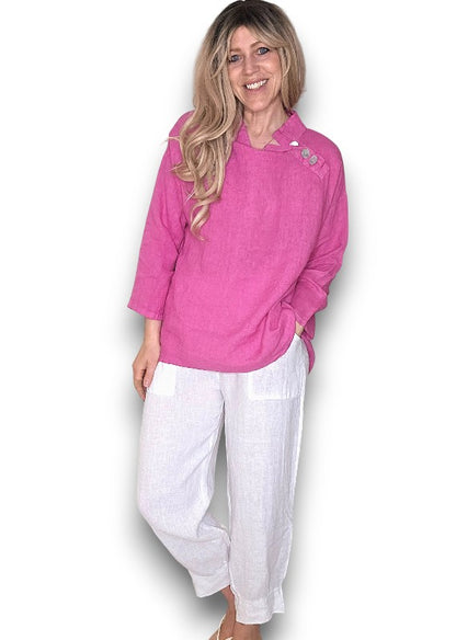 Hot Pink Pearl Button Moku Long Sleeve Top