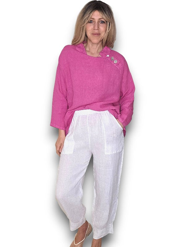 Hot Pink Pearl Button Moku Long Sleeve Top