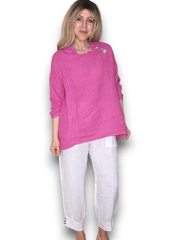 Hot Pink Pearl Button Moku Long Sleeve Top
