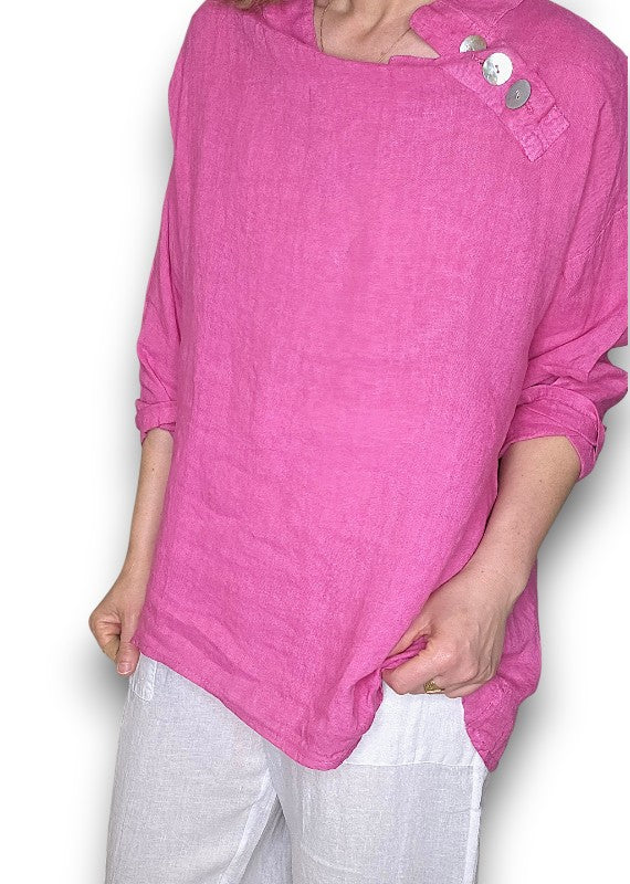 Hot Pink Pearl Button Moku Long Sleeve Top
