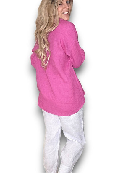 Hot Pink Pearl Button Moku Long Sleeve Top