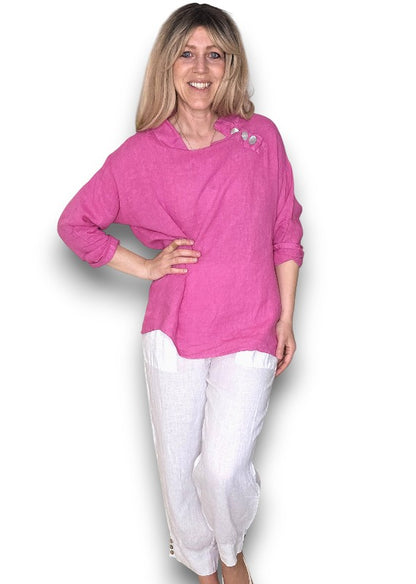 Hot Pink Pearl Button Moku Long Sleeve Top